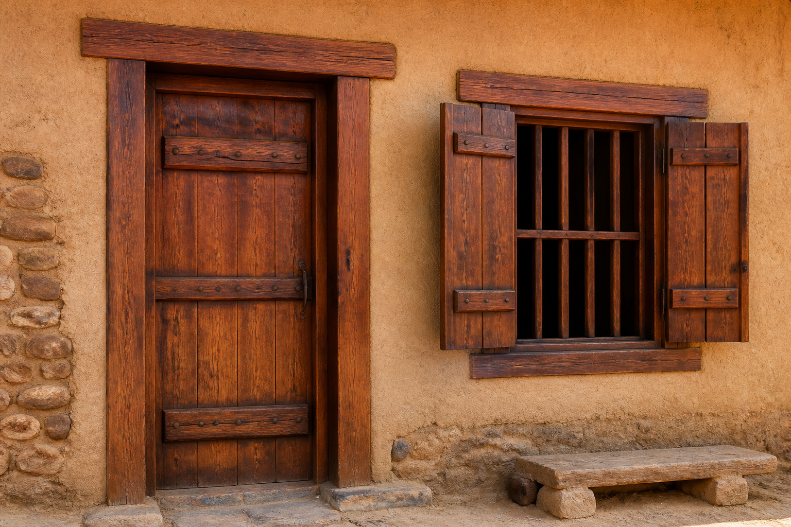 Rural door and window construction using reddish African Barwood