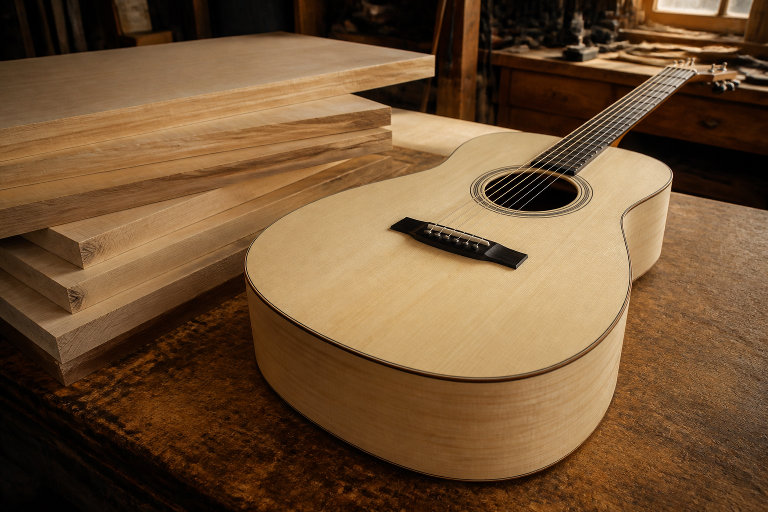 Acoustic guitar made with pale fine-grained Bunya Pine timber