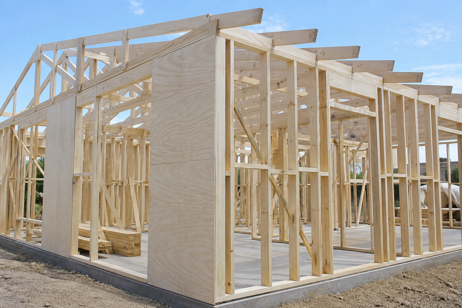 Pale Hoop Pine timber framing and structural plywood in house construction