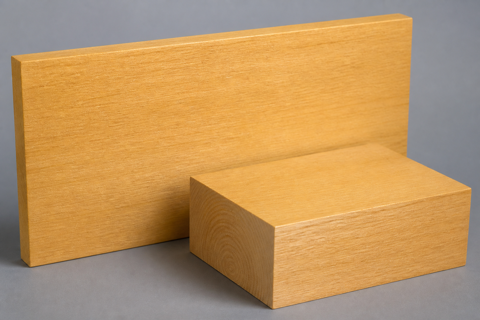 Huon Pine wood board and end-grain sample showing fine golden timber