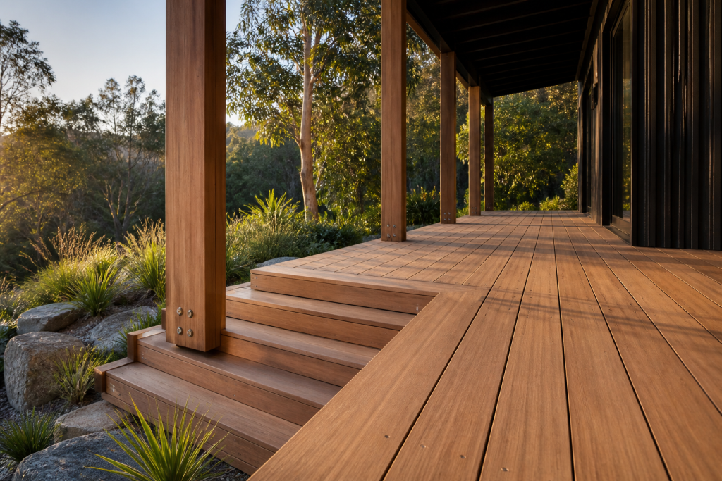 Lemon-Scented Gum hardwood decking, steps, and structural posts in an Australian garden