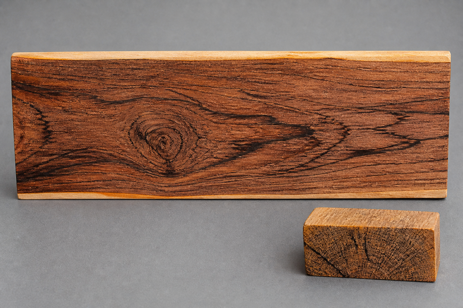 Madagascar rosewood board and end-grain sample showing dark spider-web figure