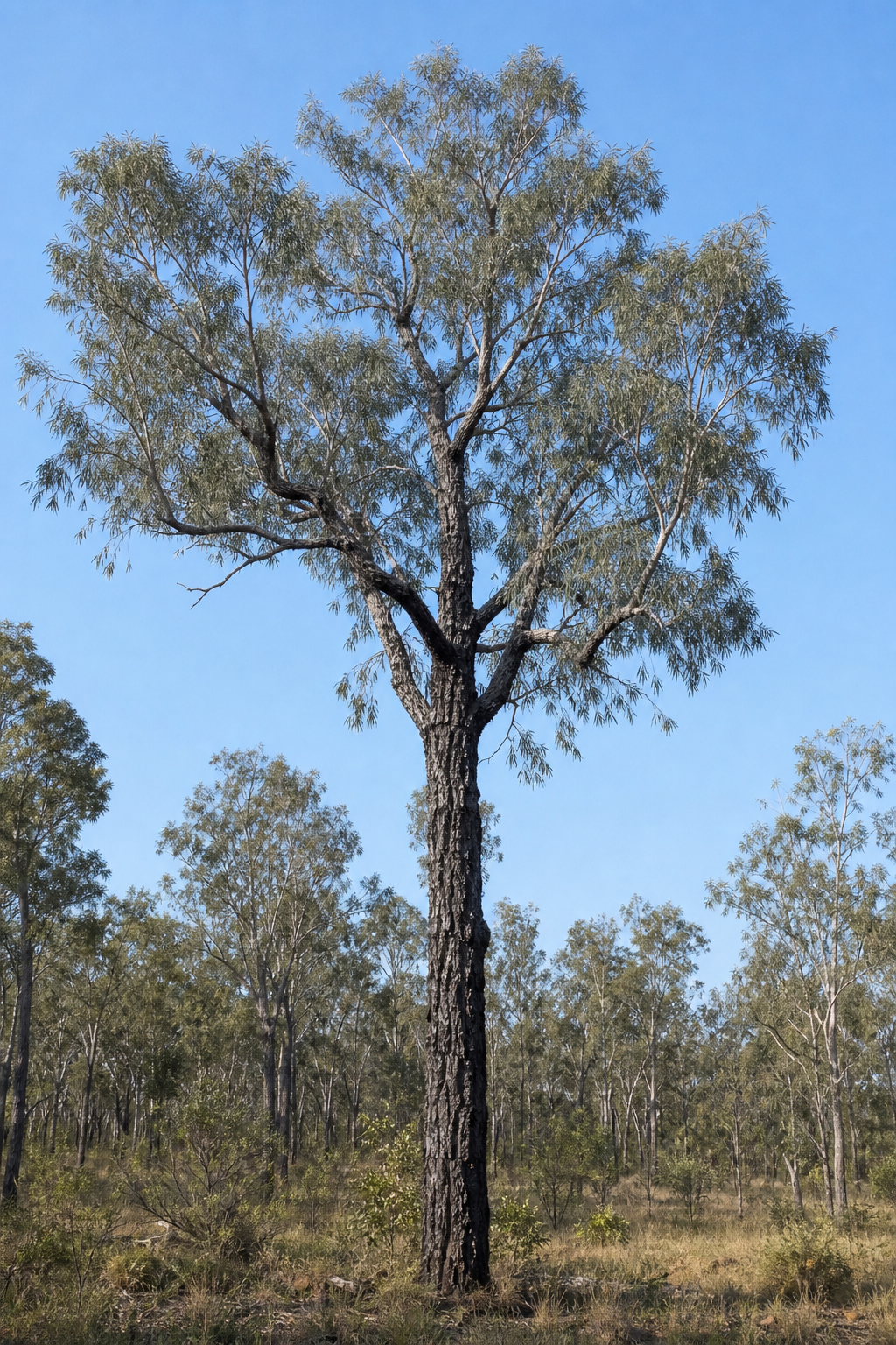 Mature Narrow-Leaved Ironbark tree with dark deeply furrowed bark