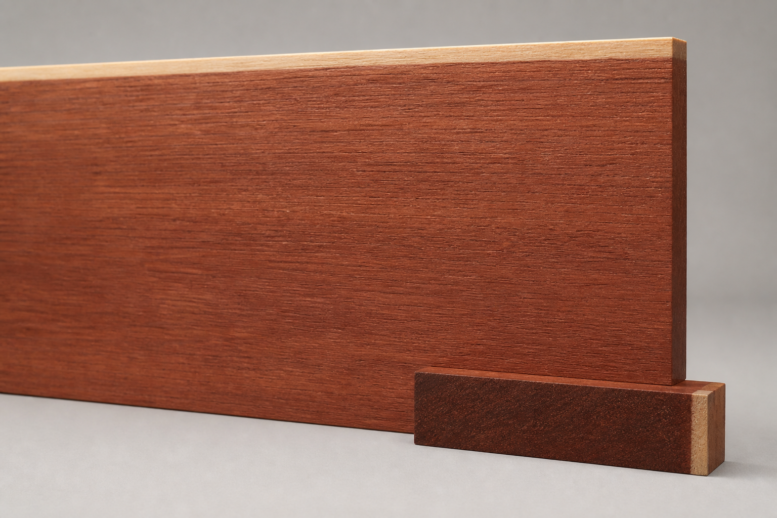 Narrow-Leaved Ironbark wood board and end-grain sample showing dark red-brown timber