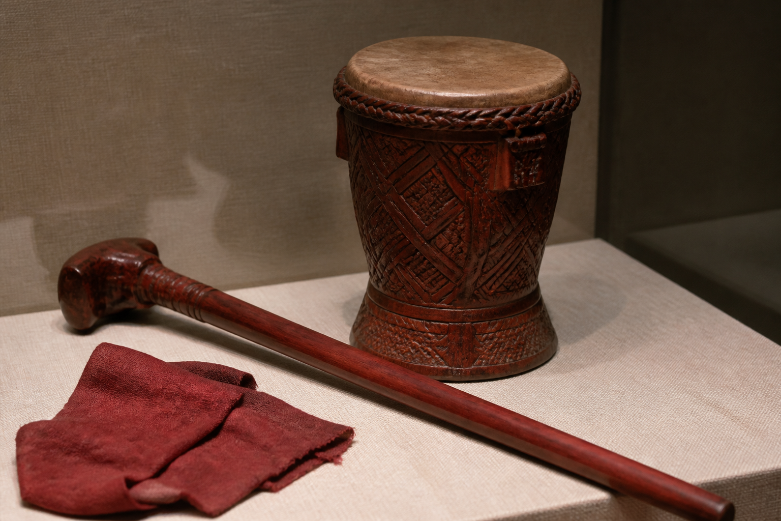 Osun wood drum, walking stick and red dyed cloth