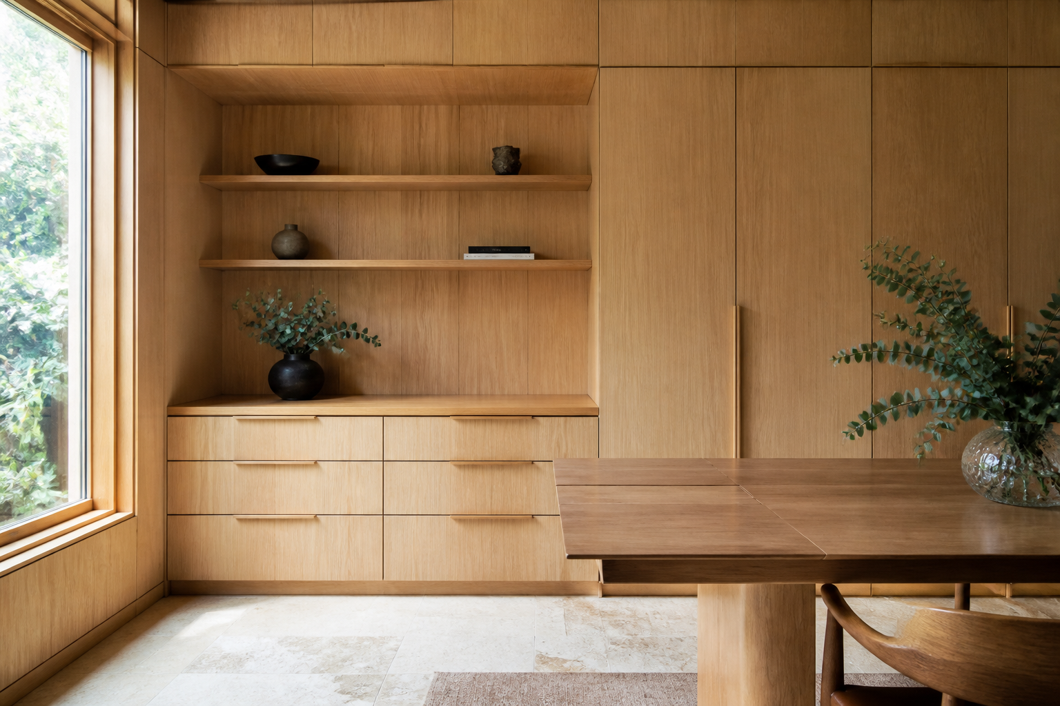 Queensland Kauri cabinetry and furniture showing pale fine-grained timber