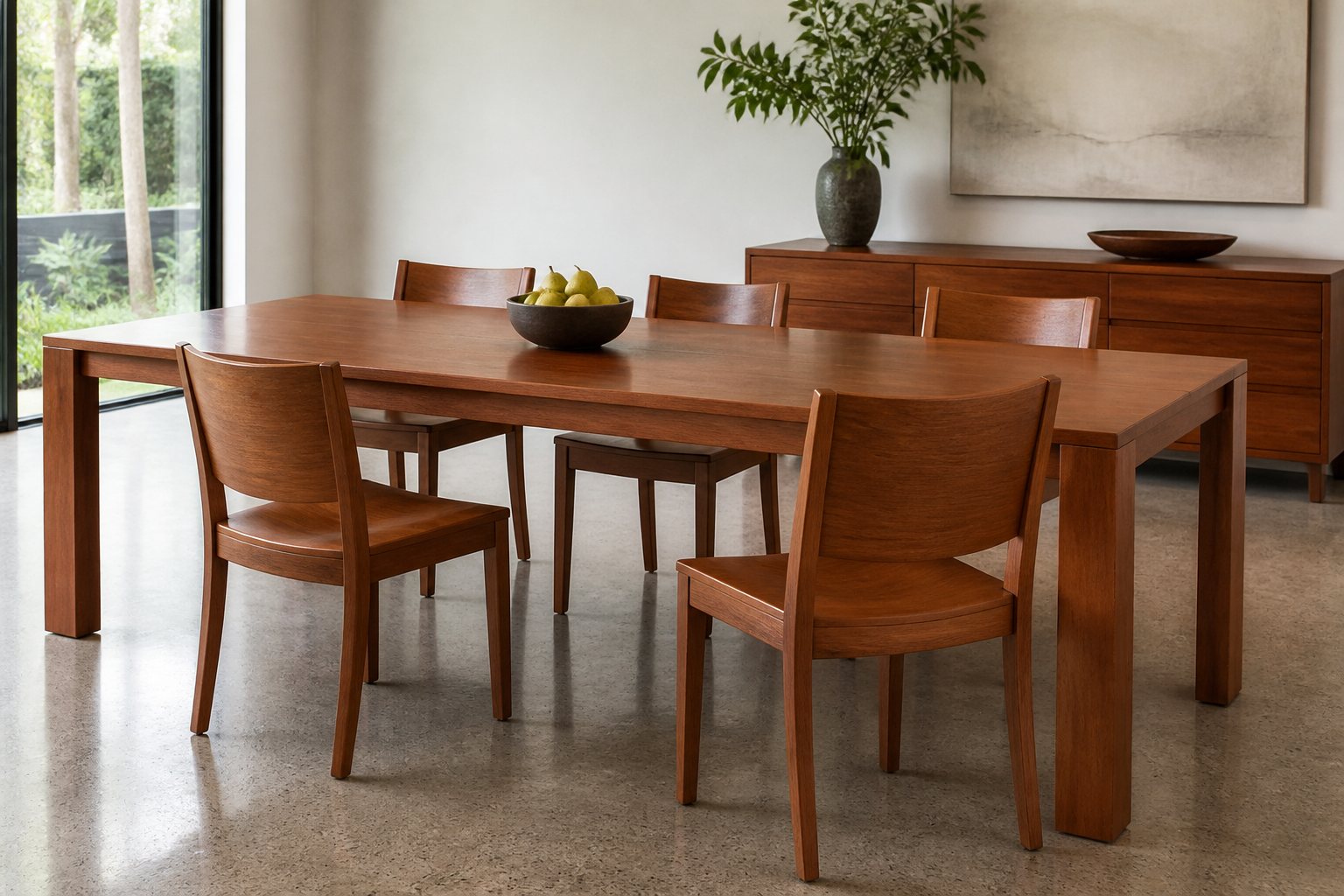 Dining table and chairs made from warm reddish-brown swamp mahogany timber