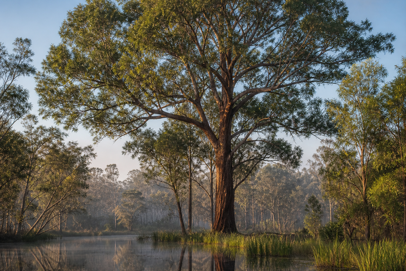 Mature swamp mahogany tree growing beside shallow water in a coastal wetland