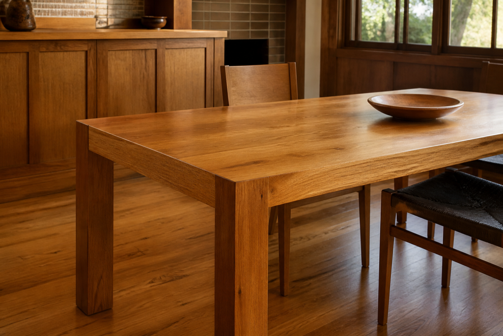 Yellow Box dining table and interior flooring showing dense honey-brown hardwood